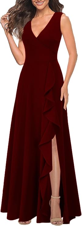 Vestido de cóctel sexy con cuello en V y bolsillos, formal largo para fiesta- Talla XL