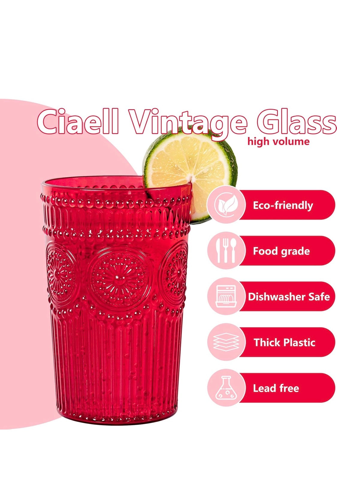 Ciaell pack de vasos románticos de agua de plástico - 5 vasos rojos vintage de 14 oz,