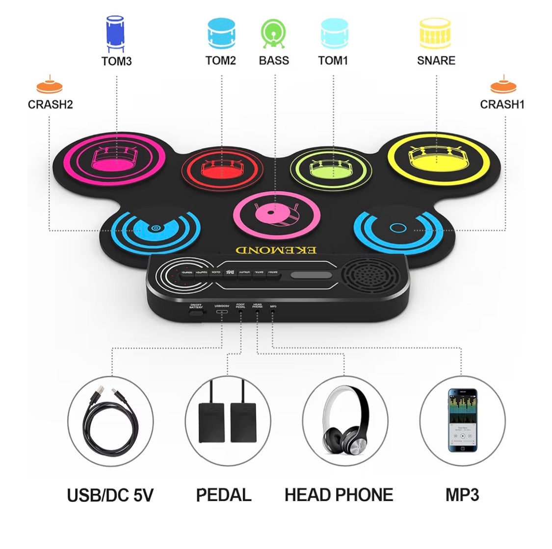 Batería electrónica de 7 pads, batería con auriculares y altavoz, baquetas y pedales, regalos navideños para niños