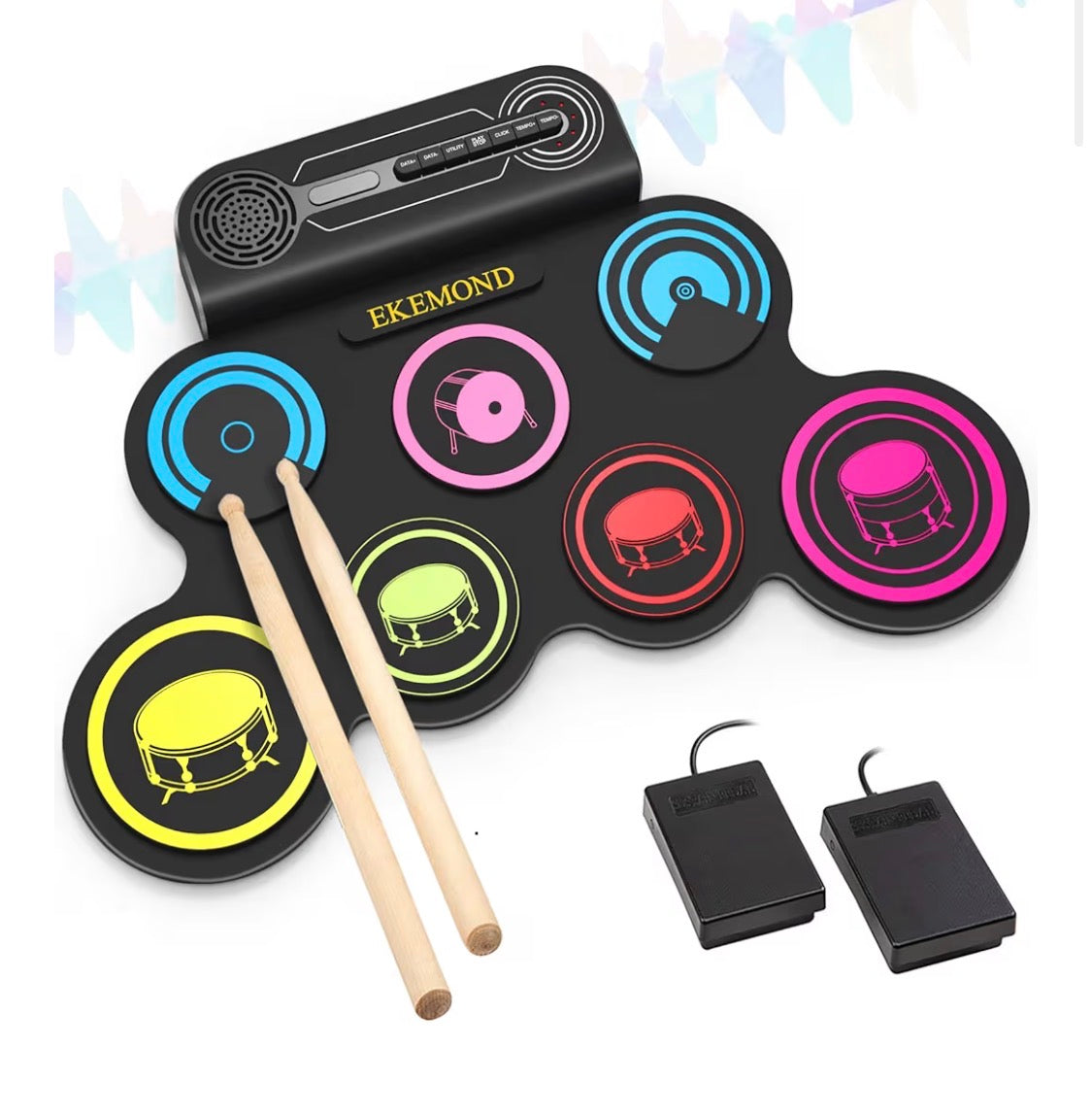 Batería electrónica de 7 pads, batería con auriculares y altavoz, baquetas y pedales, regalos navideños para niños