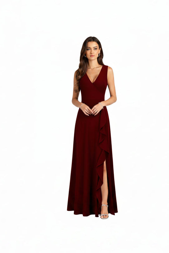 Vestido de cóctel sexy con cuello en V y bolsillos, formal largo para fiesta- Talla XL