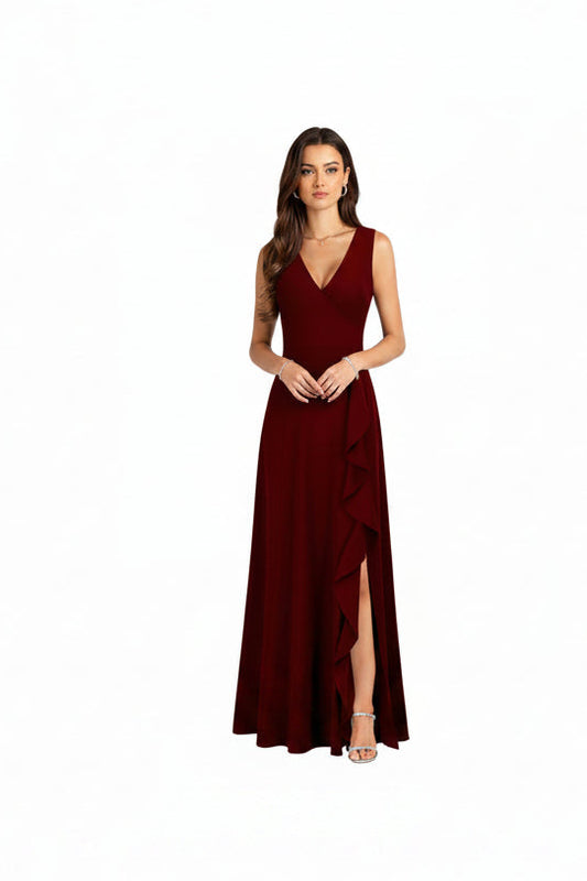 Vestido de cóctel sexy con cuello en V y bolsillos, formal largo para fiesta- Talla XL