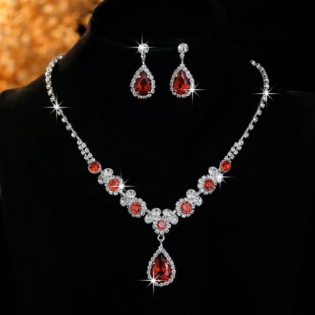 Set de joyería de cristal en forma de lágrima para mujeres - set rojo