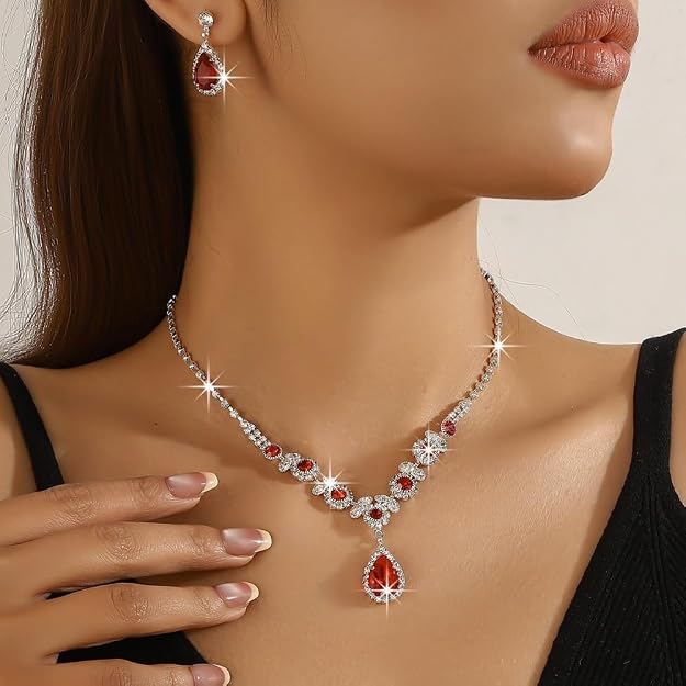 Set de joyería de cristal en forma de lágrima para mujeres - set rojo