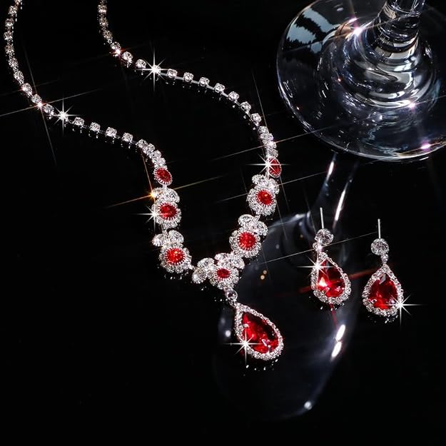 Set de joyería de cristal en forma de lágrima para mujeres - set rojo