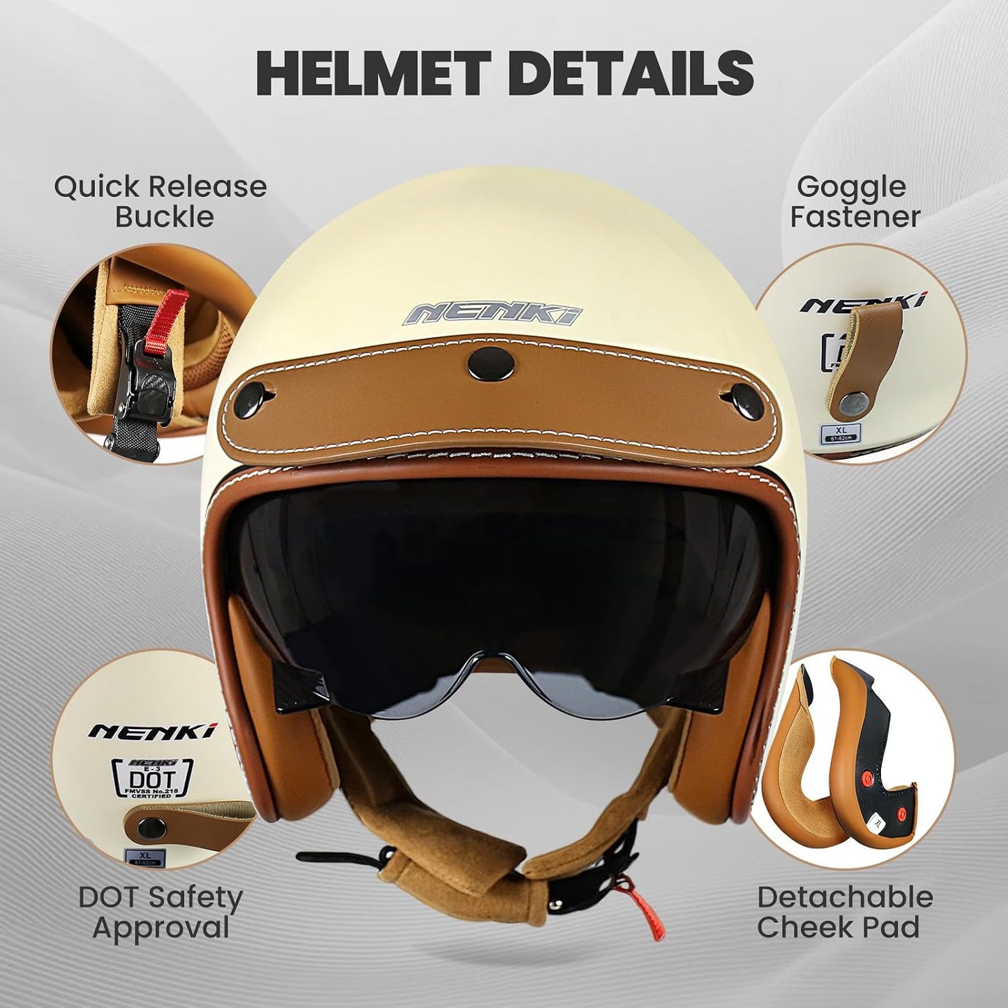Casco NENKI de moto vintage 3/4 para hombres, mujer, estilo retro Vespa