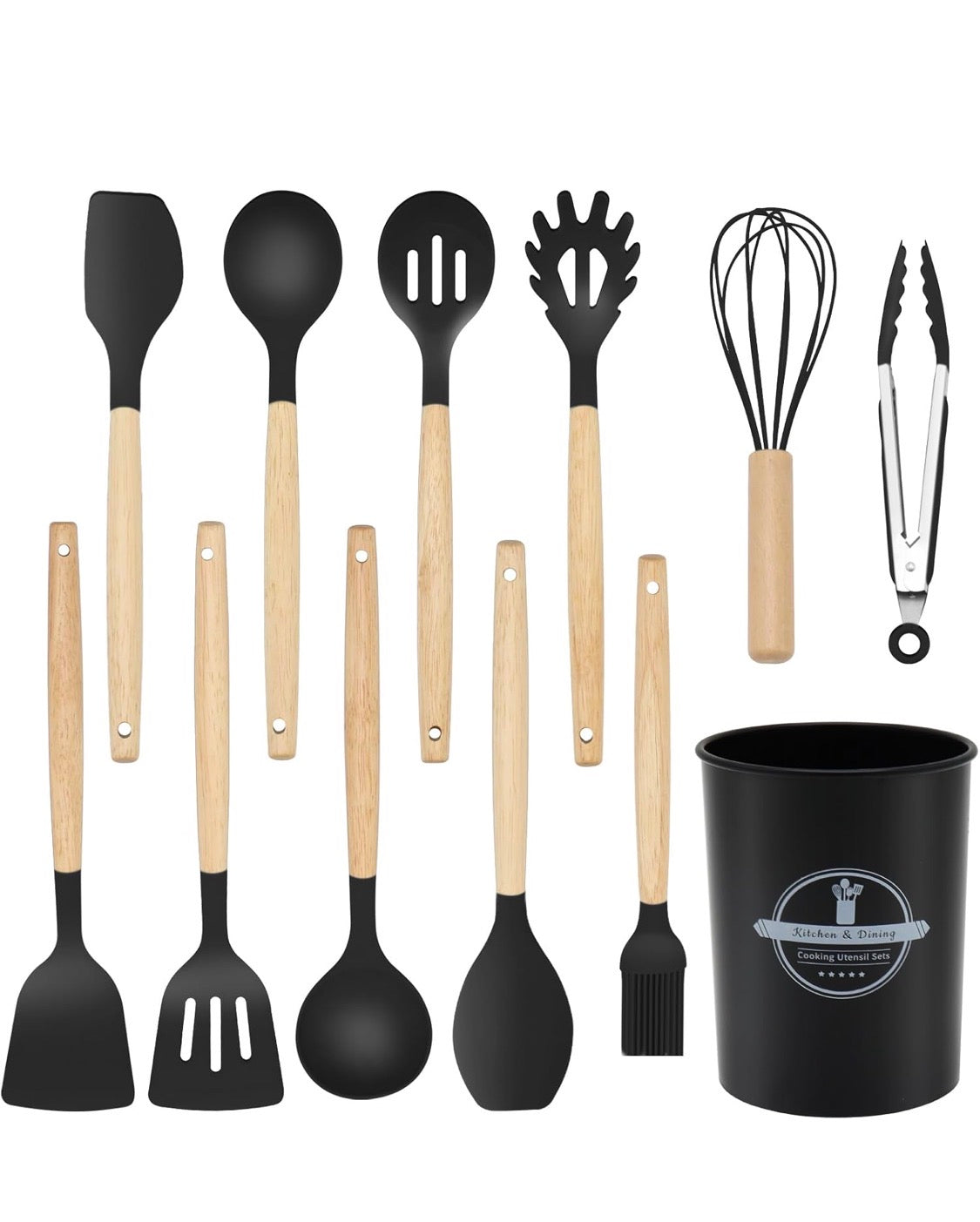 Juego de Utensilios de Silicona de 12 Piezas con Mango de Madera