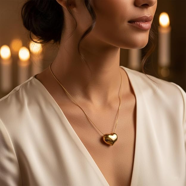 Delicado collar de corazón acolchado chapado en oro 14k para mujer