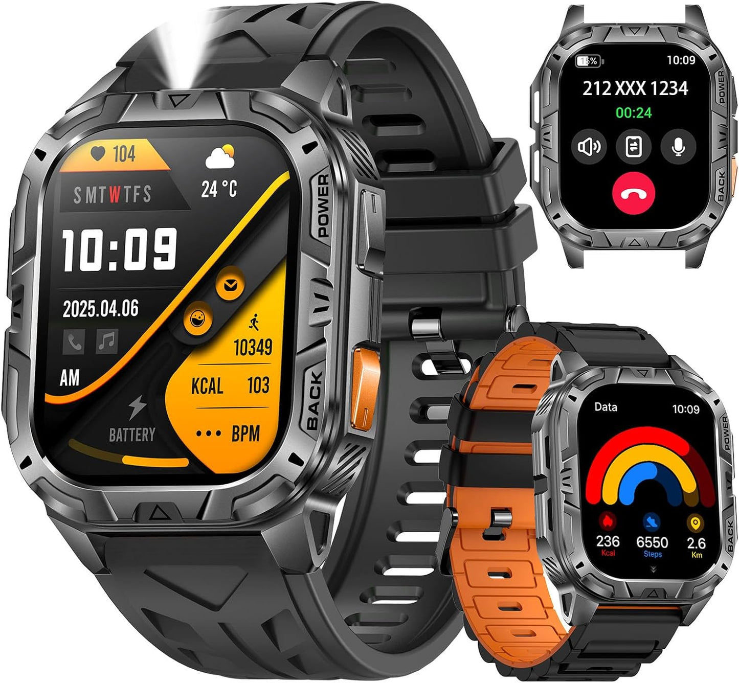 MIDDOW Reloj Militar Inteligente para Hombres (Contestar/Hacer Llamadas), Rastreador de actividad de 2,01" con linterna/60 días de batería/Frecuencia cardíaca/Monitor de sueño