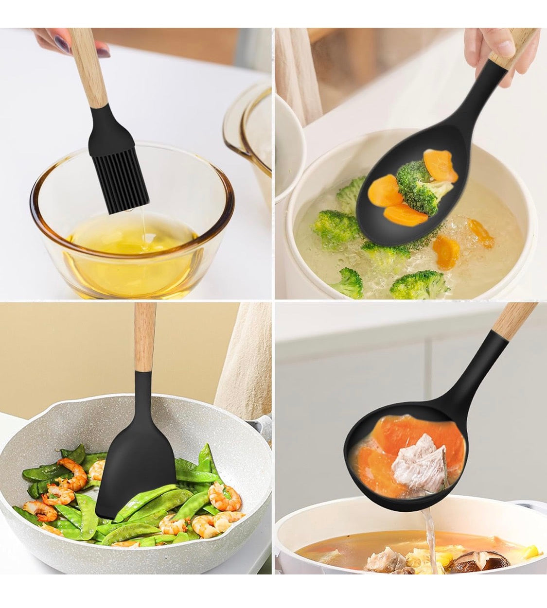 Juego de Utensilios de Silicona de 12 Piezas con Mango de Madera