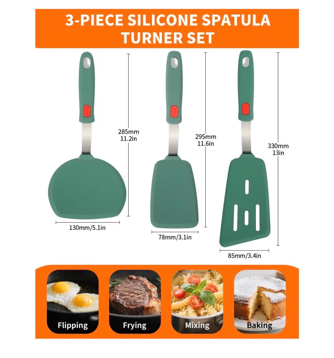 Juego Brigii Spatula Silicon - 3 utensilios de cocina resistentes al calor, núcleo inoxidable 430, sin BPA para cocinar, hornear, voltear y aptos para lavavajillas (verde oscuro)
