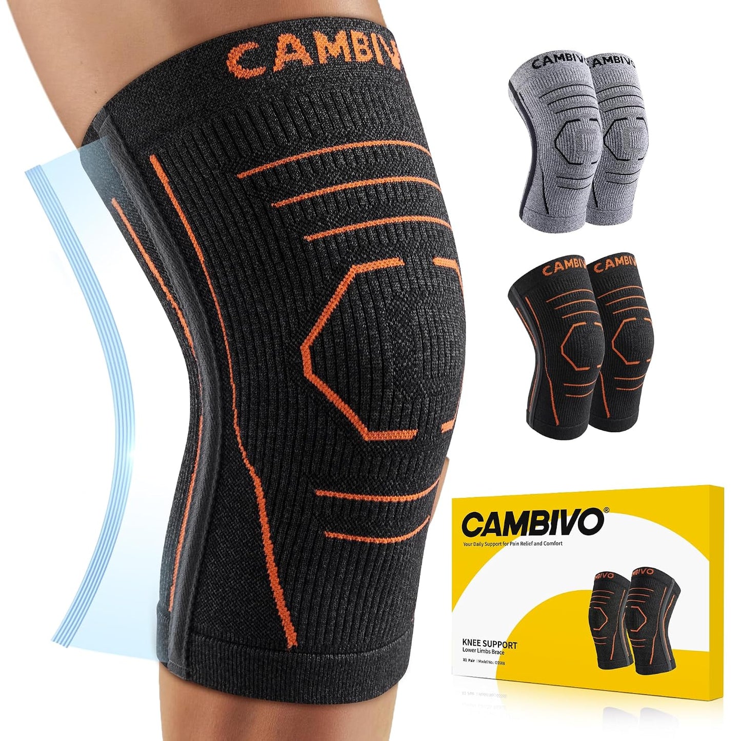 Rodillera CAMBIVO 2 Pack para mujeres y hombres, mangueras de compresión sin látex y sin silicona con estabilizadores laterales, soporte ligero para la rodilla para artritis, menisco, caminar, correr