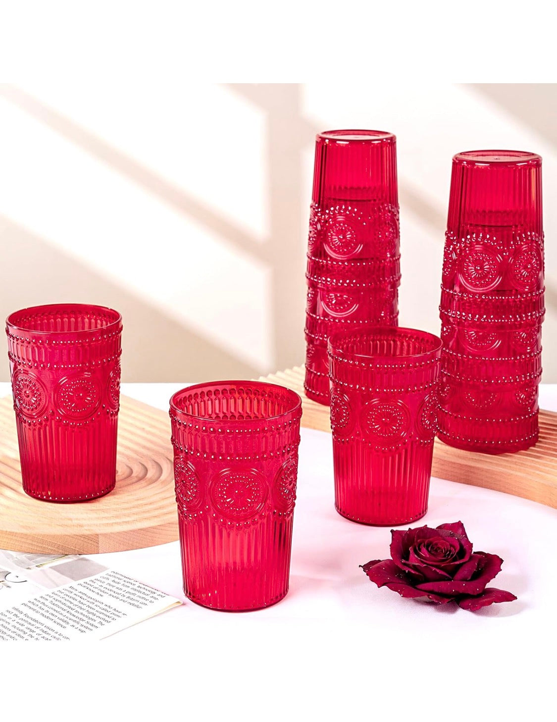 Ciaell pack de vasos románticos de agua de plástico - 5 vasos rojos vintage de 14 oz,