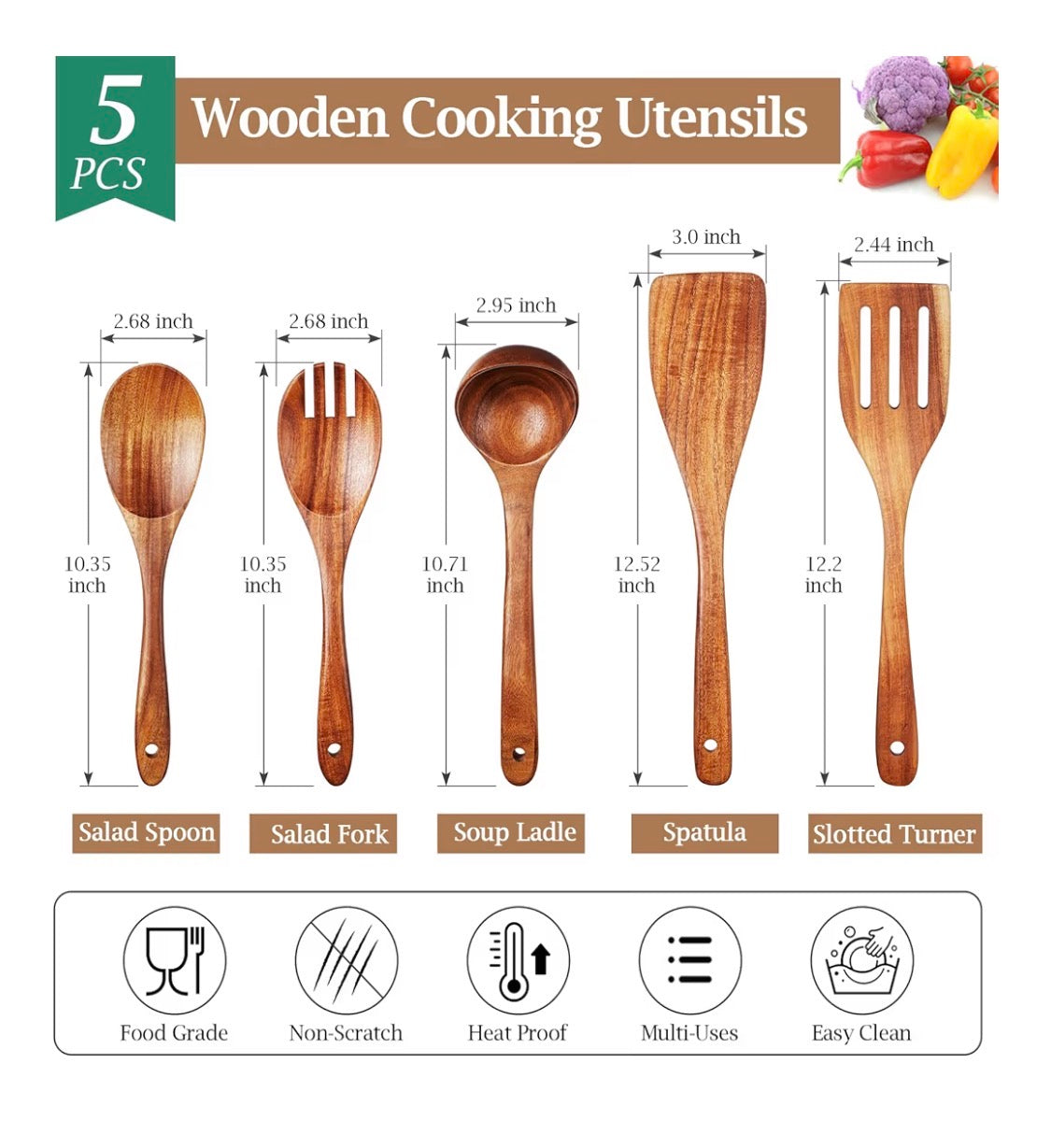 Set de utensilios de cocina TeamFar, 5 piezas de utensilios de cocina de madera natural