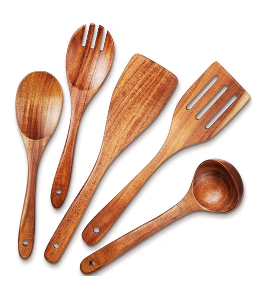Set de utensilios de cocina TeamFar, 5 piezas de utensilios de cocina de madera natural