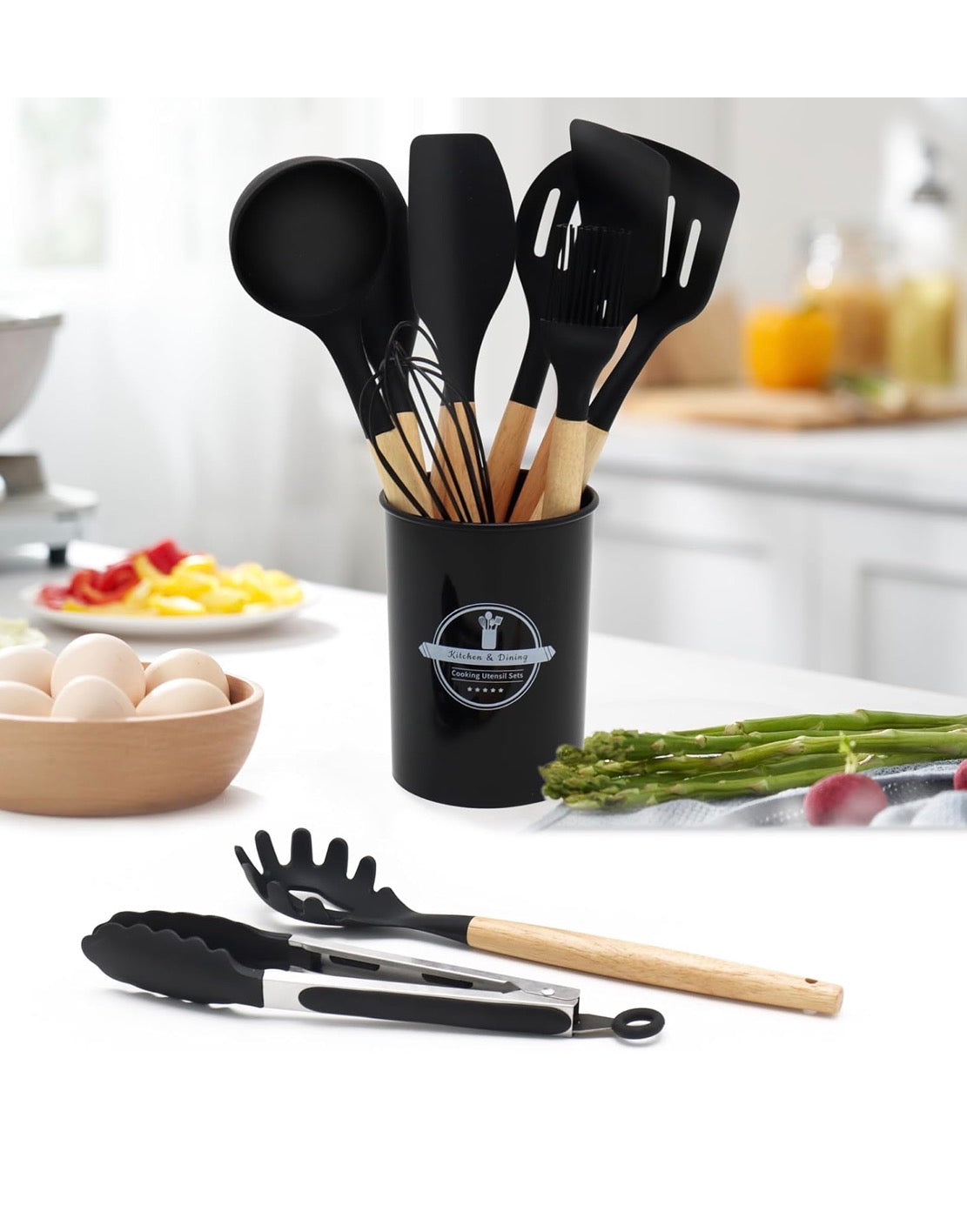 Juego de Utensilios de Silicona de 12 Piezas con Mango de Madera