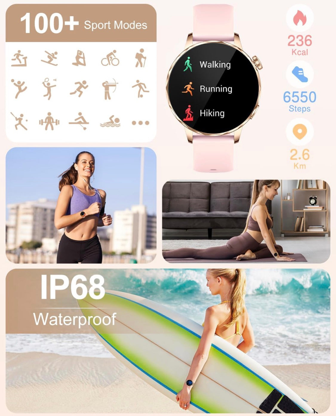 Reloj inteligente para mujer, pantalla táctil HD para Android y iPhone (rosa)