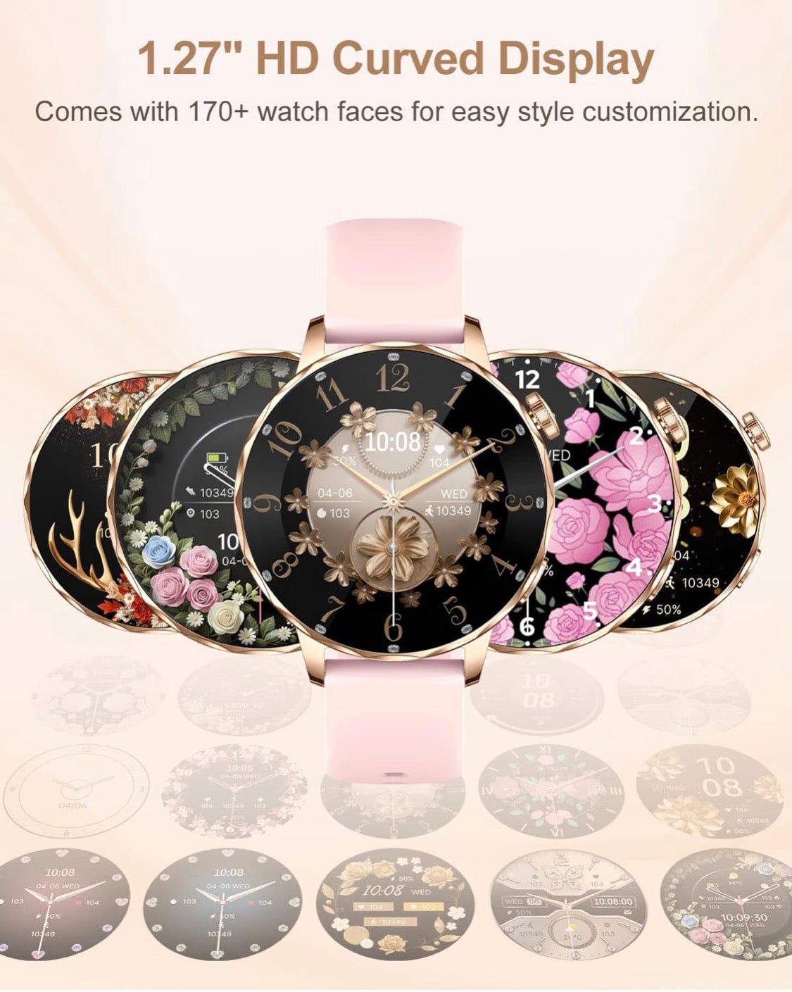 Reloj inteligente para mujer, pantalla táctil HD para Android y iPhone (rosa)