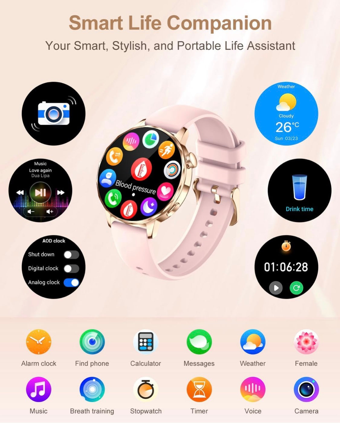 Reloj inteligente para mujer, pantalla táctil HD para Android y iPhone (rosa)